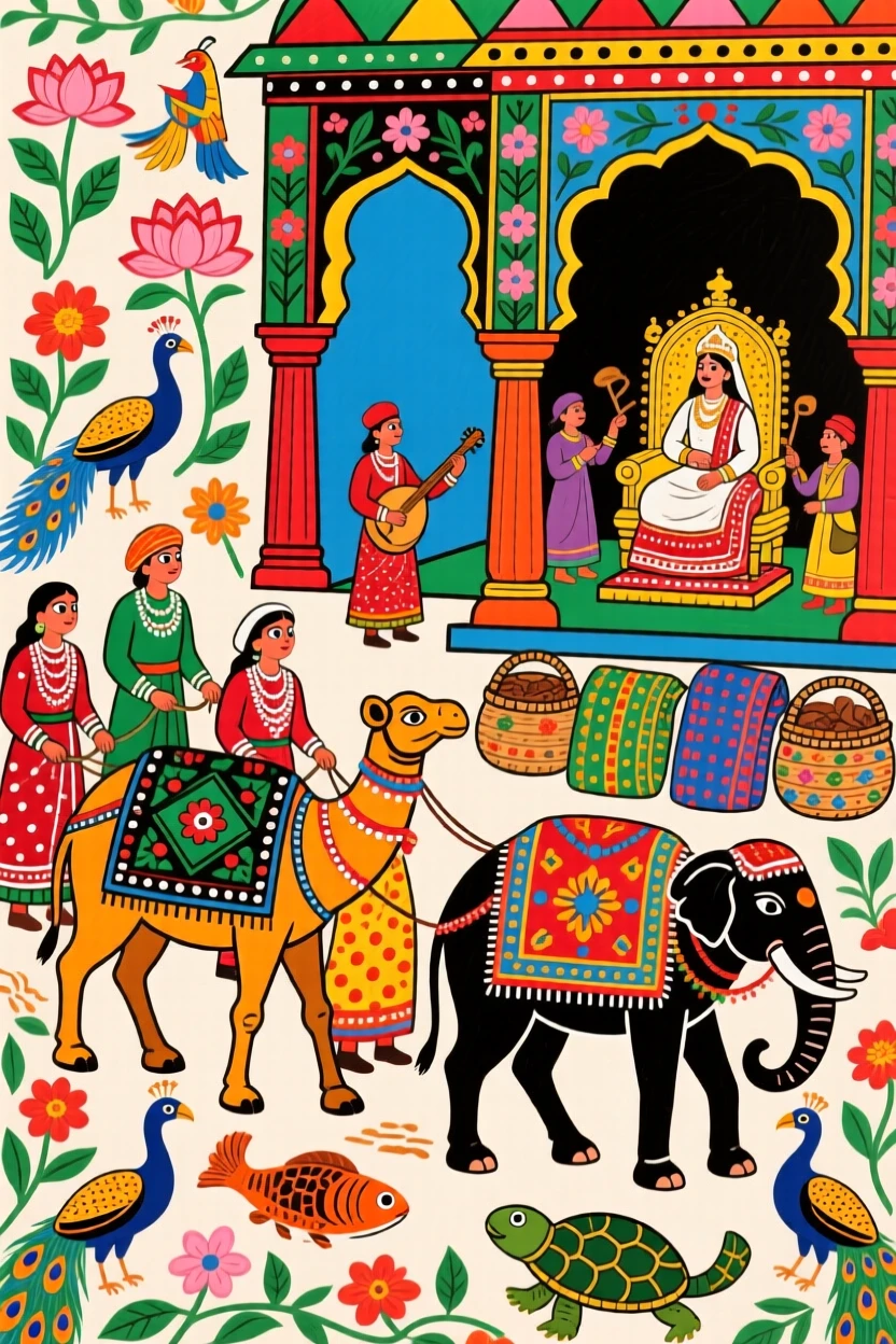 A caravan of traders bringing silk and spices to a royal court.