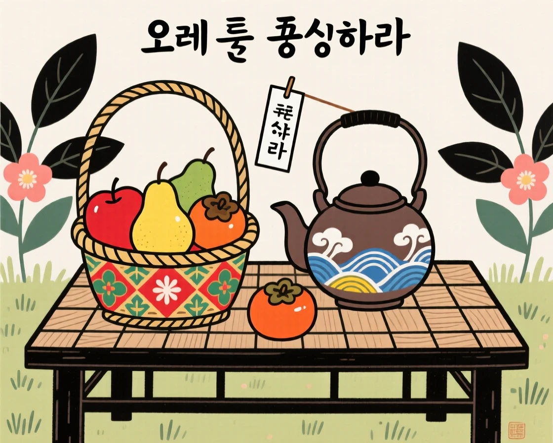 A basket of ripe fruit beside a teapot on a garden table.