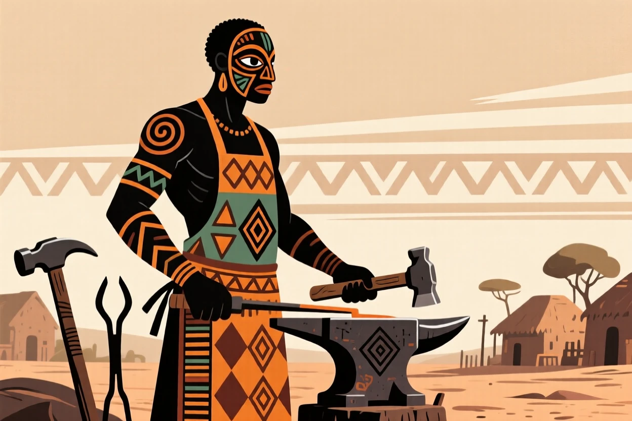 A village blacksmith standing watch at the edge of the village.
