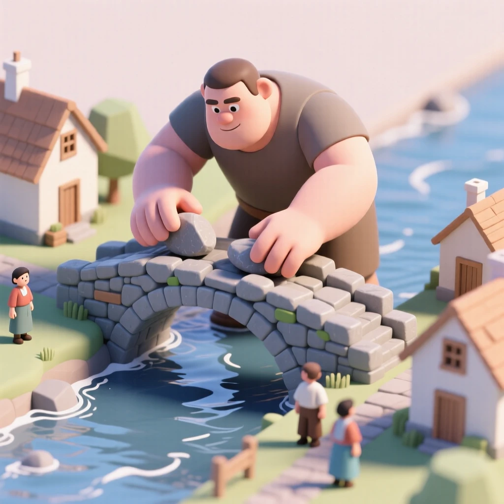 A gentle giant carefully building a bridge of stones so villagers can cross a rushing river safely.