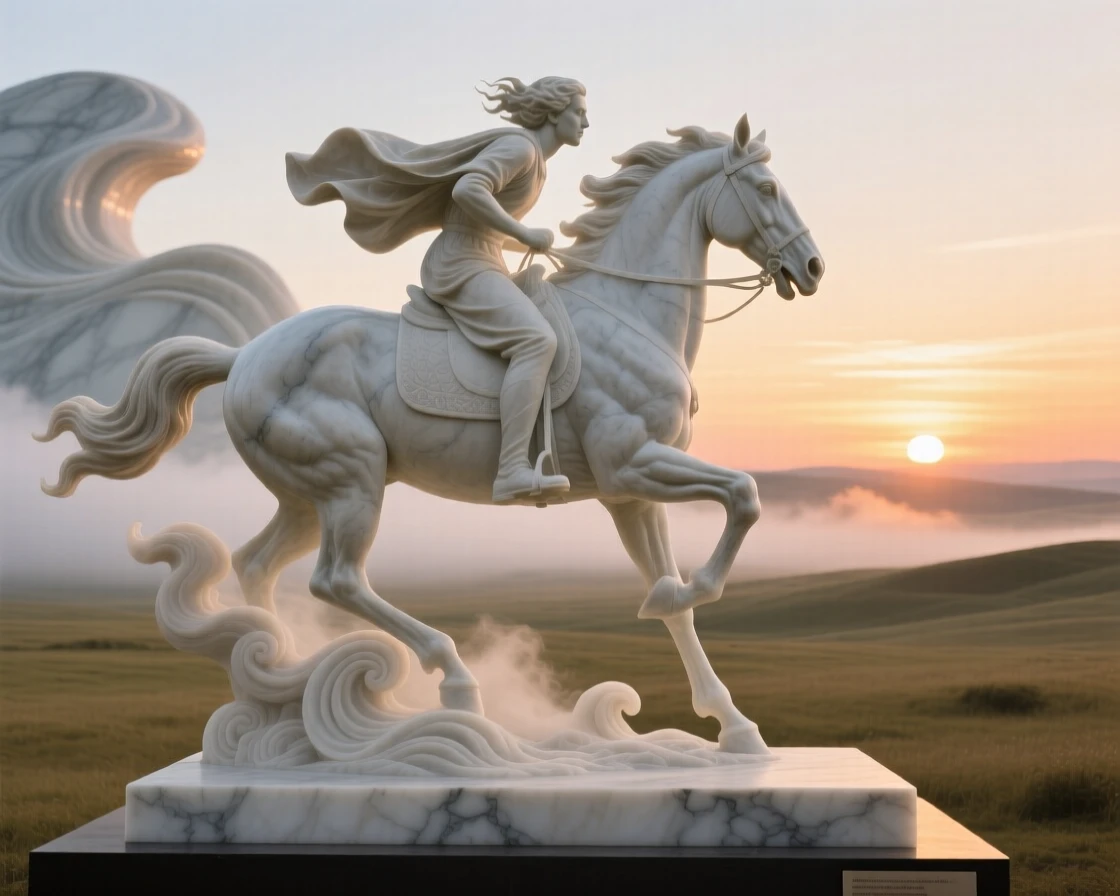 An evocative depiction of a rider galloping across an open plain at sunset, amid swirling clouds and mist, balancing detail with emotional depth