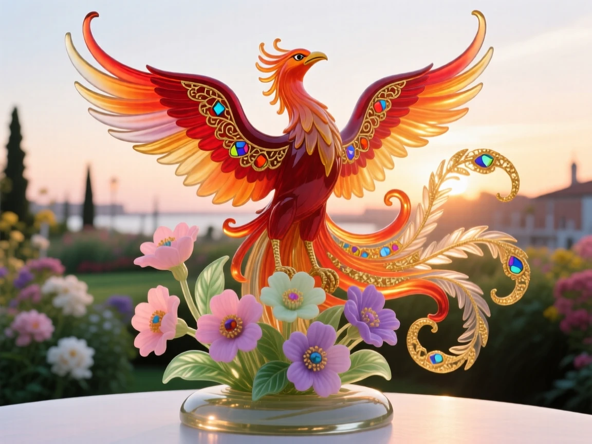 A grand phoenix rising above a blooming garden at the break of dawn, transformative and radiant.