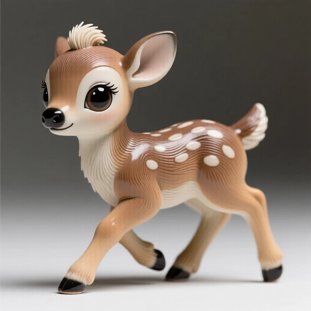 A wide-eyed baby deer taking its first wobbly steps frozen in a moment of pure innocent charm, with a small, endearing tuft of fluff, evoking pure, heartwarming sweetness.