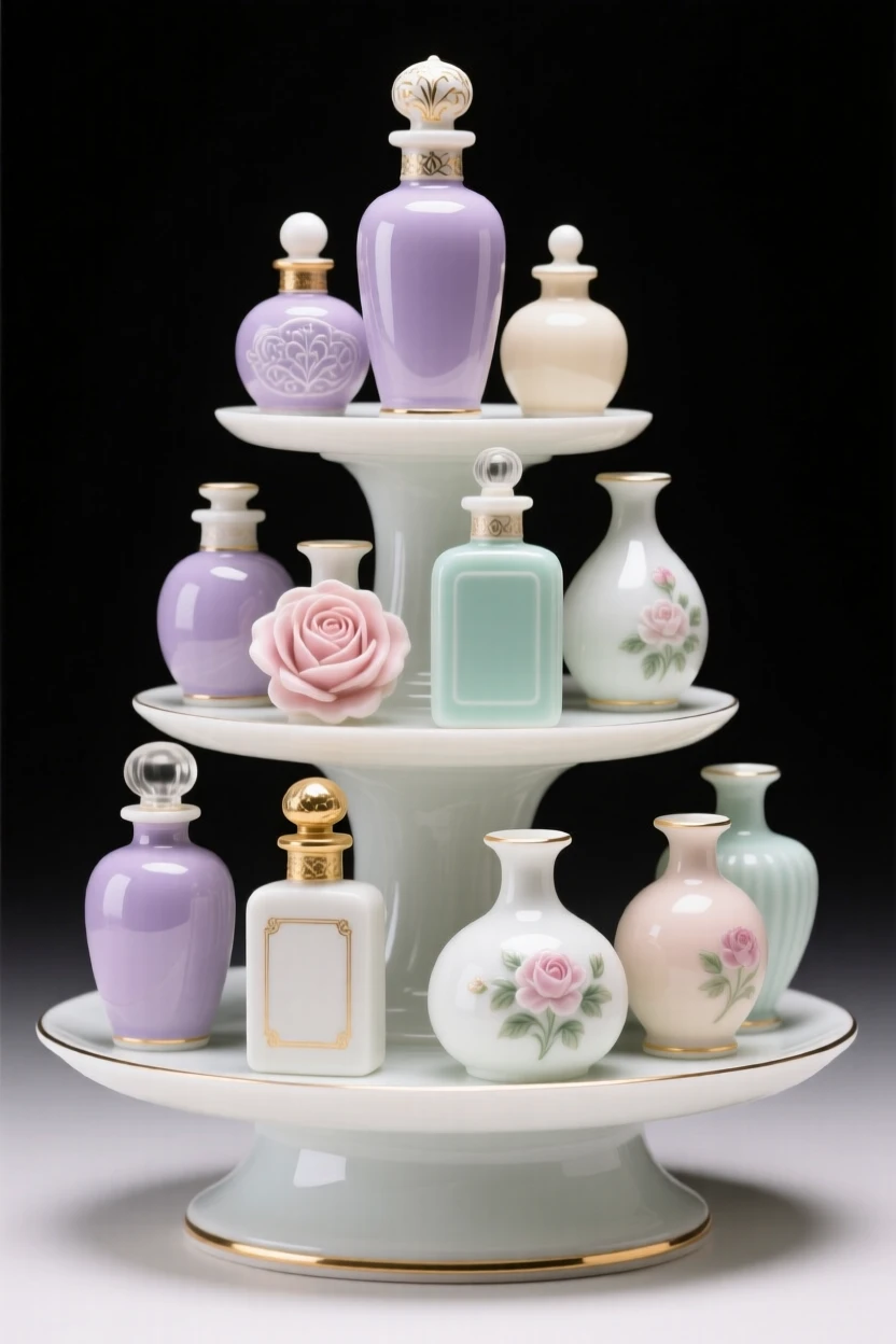 A collection of antique perfume bottles arranged on tiered display stands, forming a harmonious, elegant composition.
