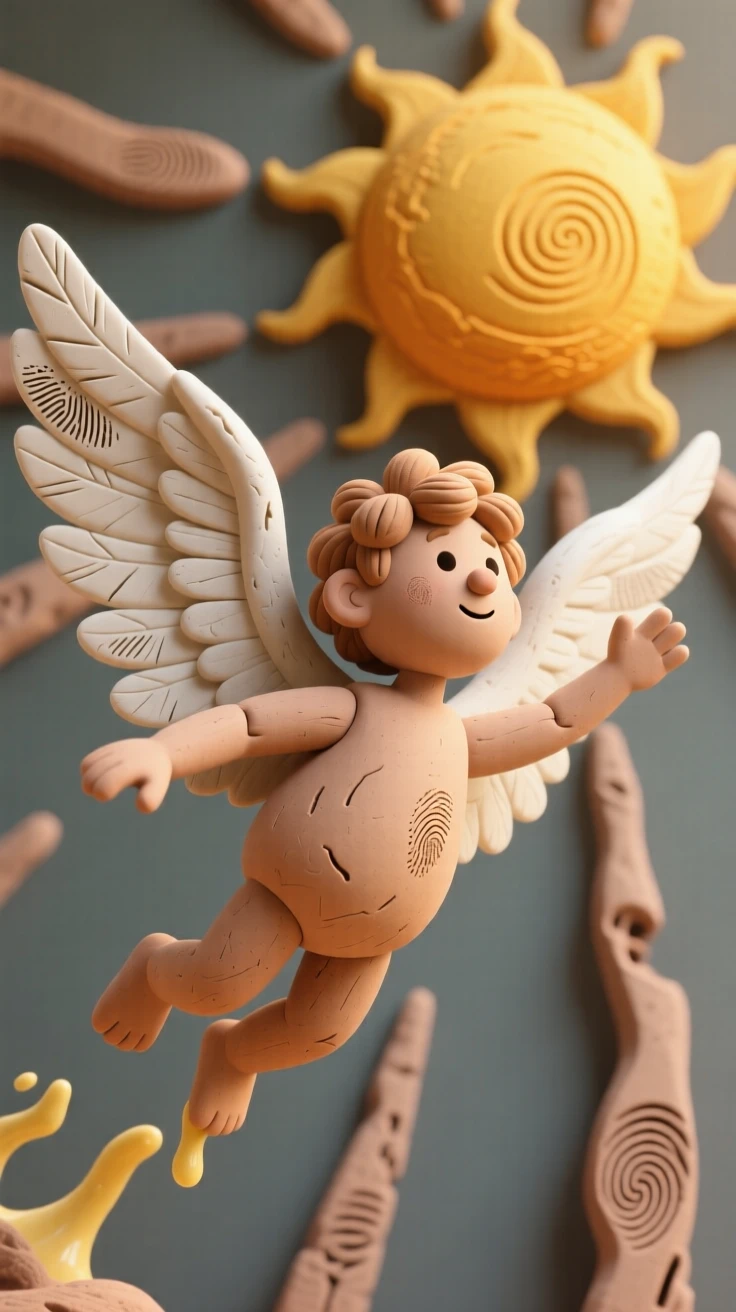 Icarus soaring on wax wings toward a golden sun