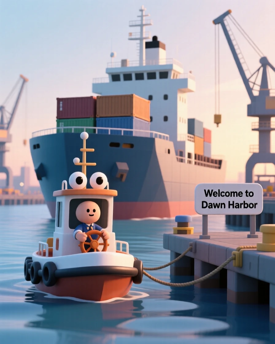 A determined tugboat captain guides a massive cargo ship safely into a busy harbor at dawn.