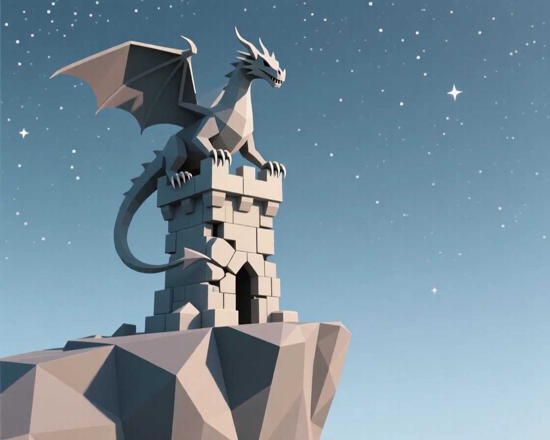 A majestic dragon perched atop a crumbling tower, atop a cliff overlooking an endless starry sky. the scale of the scene emphasizes its grandeur. It radiates a feeling of legendary grandeur.