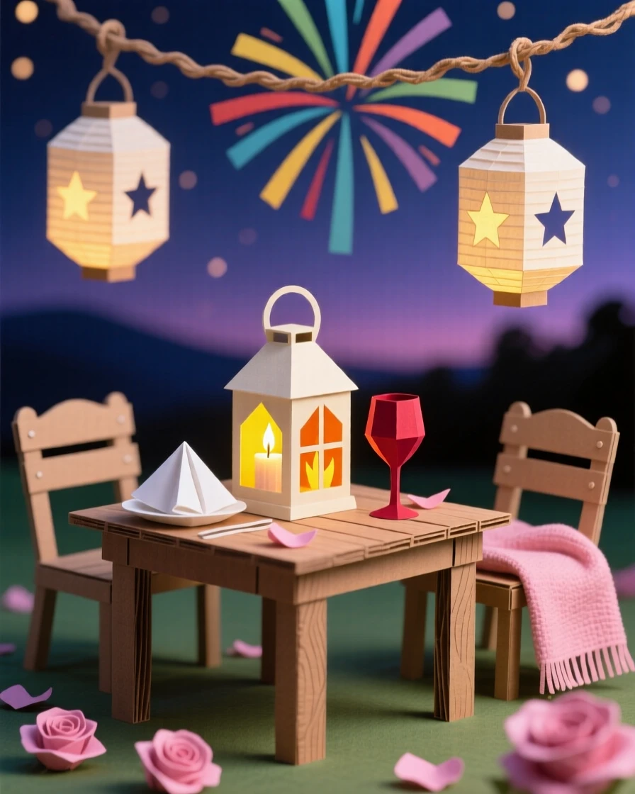 A romantic candlelit holiday dinner illuminated by lanterns and candlelight, with fireworks bursting colorfully overhead, conveying togetherness and celebration.