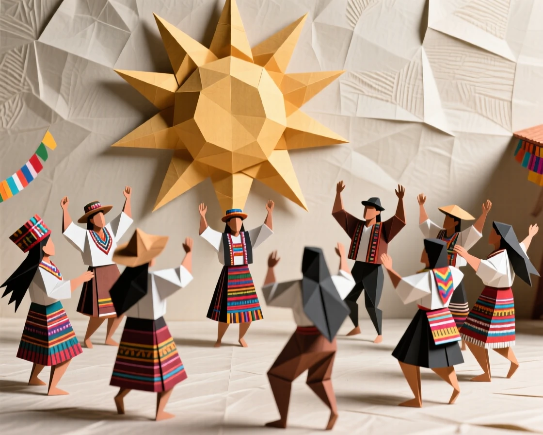A Peruvian Inti Raymi festival scene with performers celebrating beneath the sun.