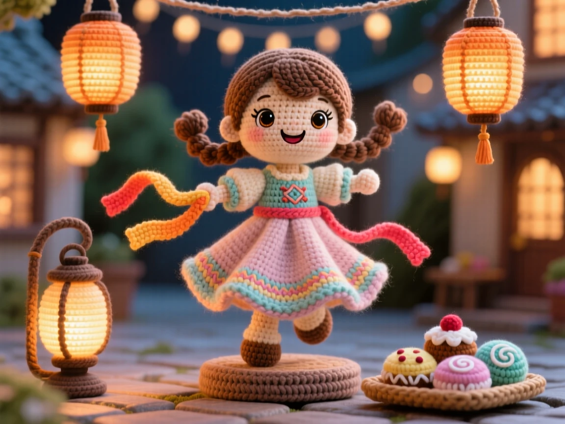 a small girl in a flowing traditional dress, twirling with a bright ribbon, dancing joyfully at a village festival, at a lantern-lit village square, with a small tray of traditional sweets nearby, radiating the cheerful spirit of a beloved tradition.