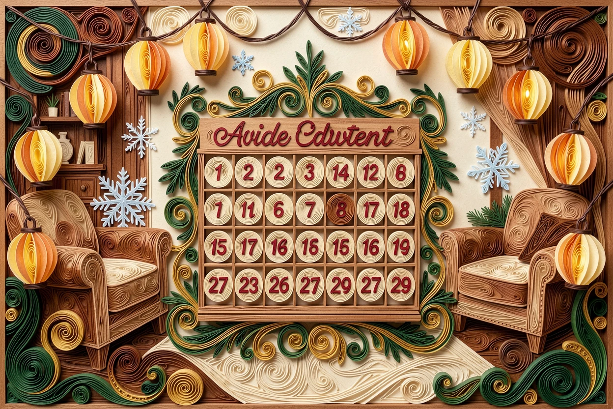 A festive holiday scene of a Advent calendar with tiny numbered doors in a cozy living room decorated for the holidays, with soft snowflakes drifting gently down, framed by strings of glowing lanterns.