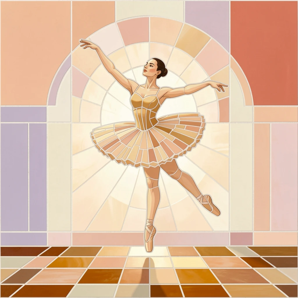 A warm, expressive portrait of a graceful ballet dancer captured mid-leap on a softly lit stage, with soft natural lighting and rich emotional detail.