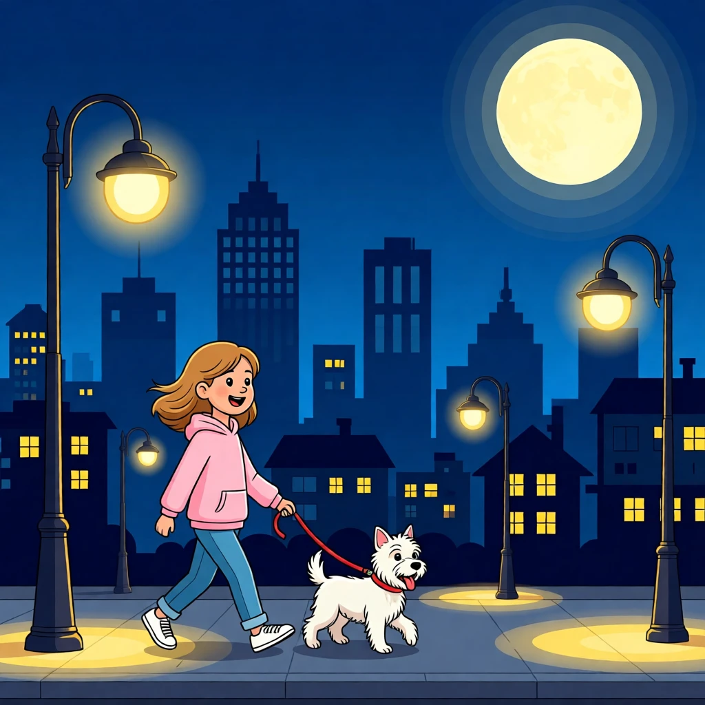 Charming cartoon of a girl walking her dog under a bright moonlit sky, with a cityscape backdrop and glowing streetlights.