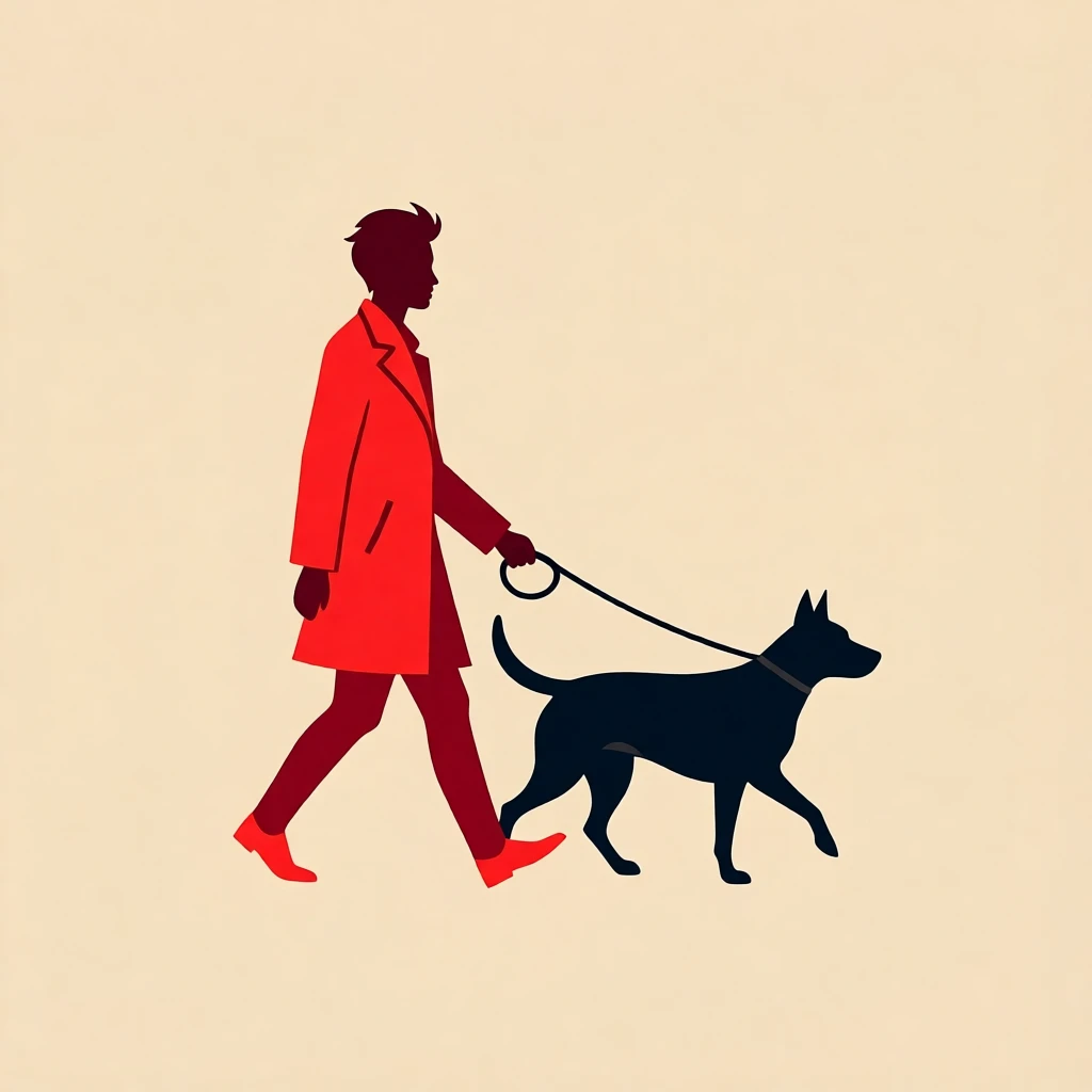 Minimalist illustration of a person in a red coat walking a black dog on a beige background.