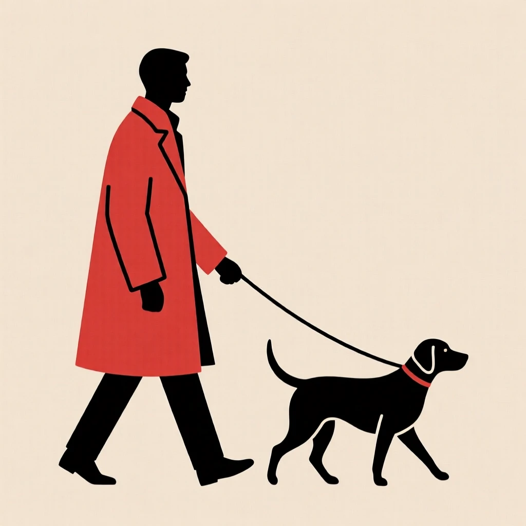 Minimalist illustration of a person in a red coat walking a black dog on a beige background.
