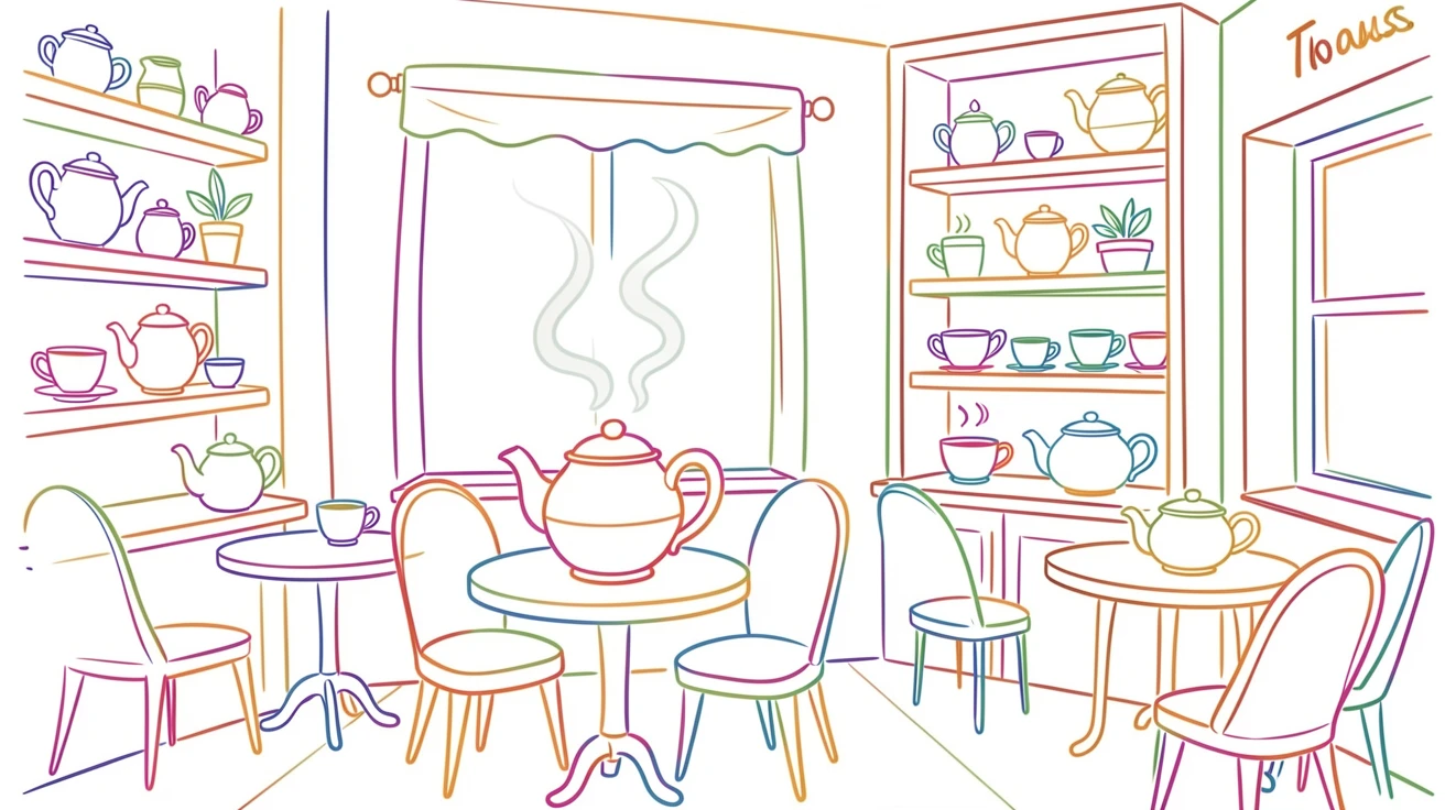 A cozy tea house interior with steaming pots and delicate cups.