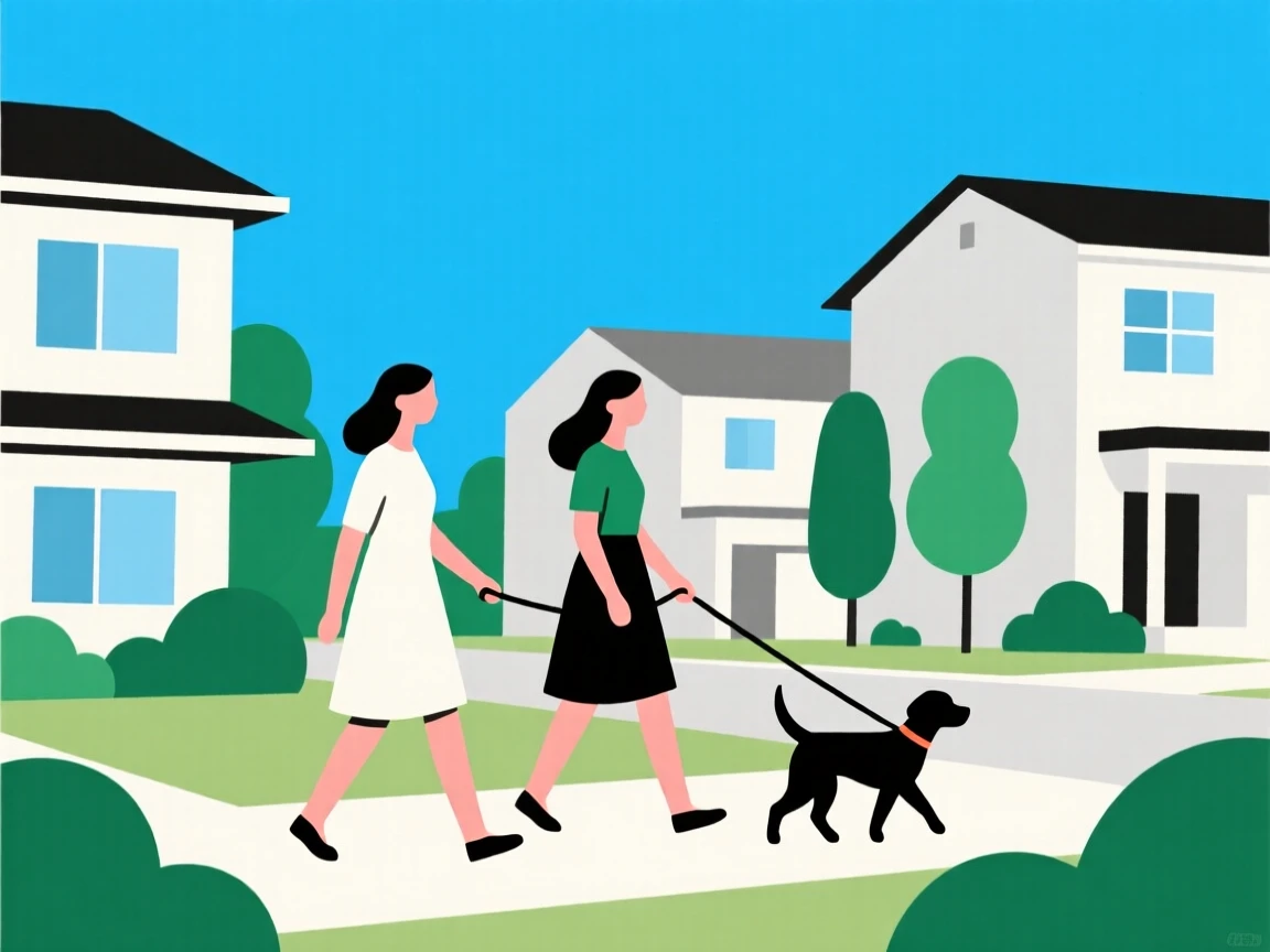 Two women walking dogs in a sunny suburban neighborhood, surrounded by modern houses and lush greenery, under a bright blue sky.
