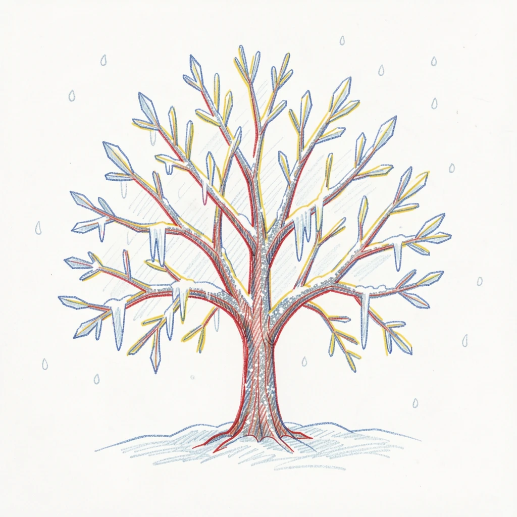 A winter ice storm coating tree branches in glittering crystal