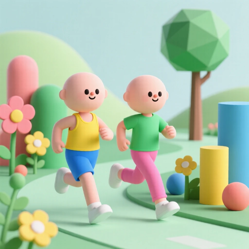 Colorful illustration of two people jogging through a vibrant landscape with stylized plants and flowers.
