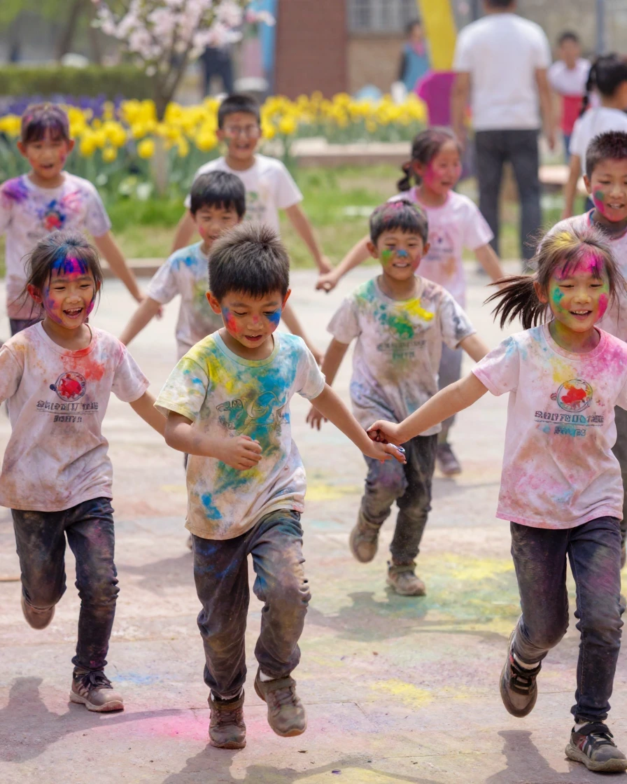Children run through a shower of colored powder during a spring festival celebration.