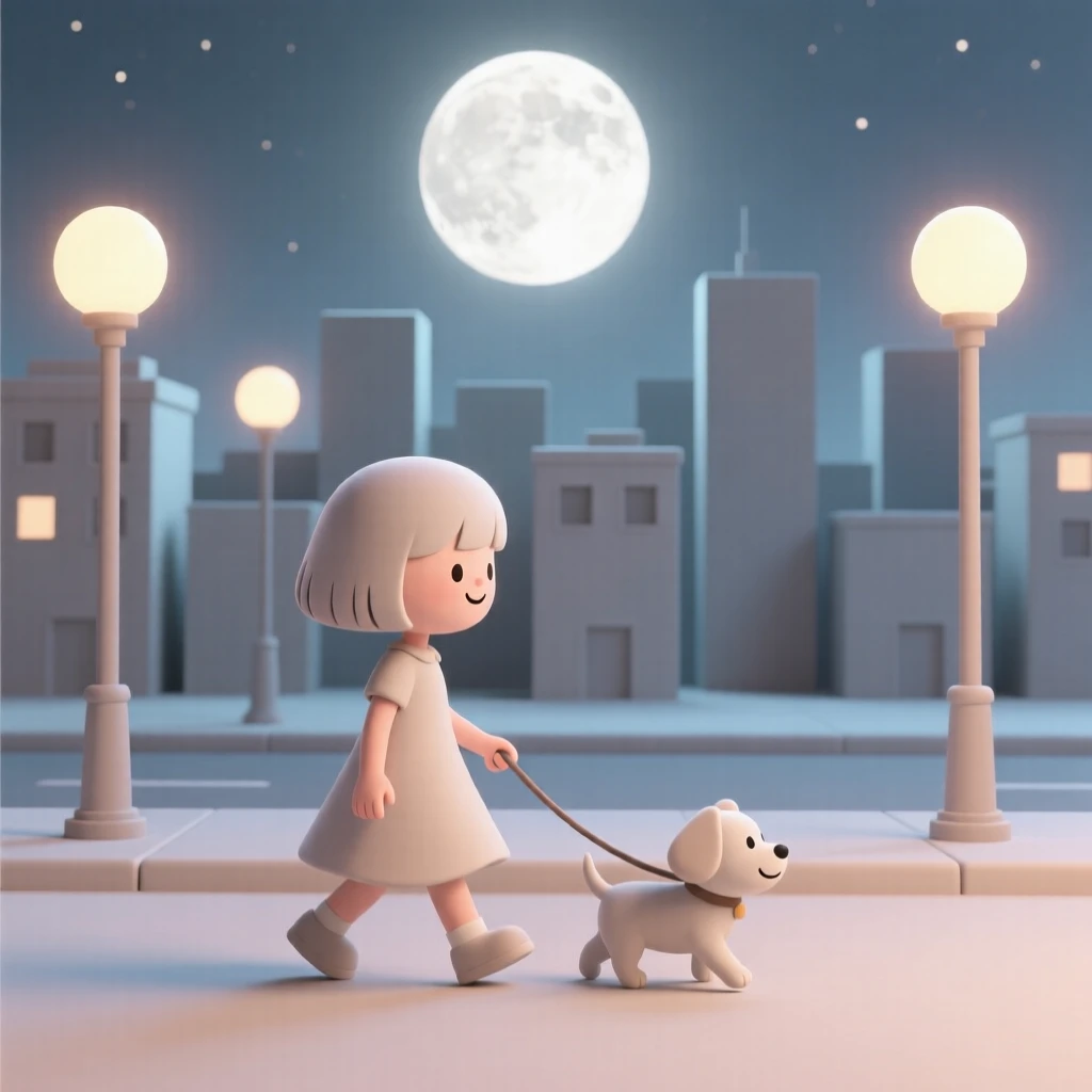 Charming cartoon of a girl walking her dog under a bright moonlit sky, with a cityscape backdrop and glowing streetlights.