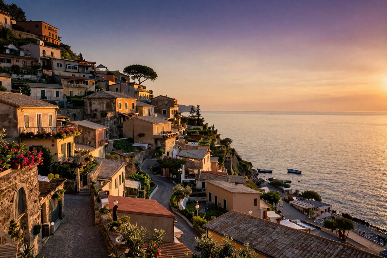 A terraced hillside town overlooking the sea standing quietly in the heart of an old European city