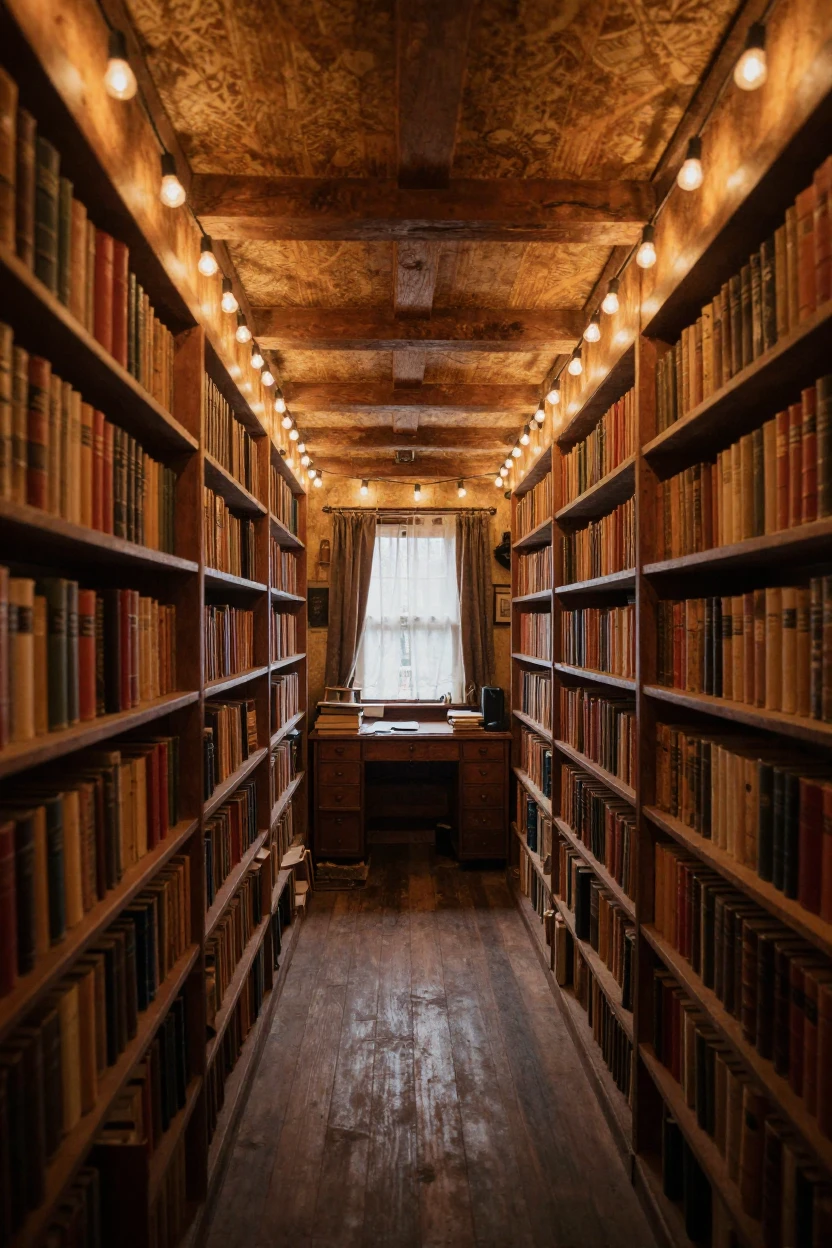 A cozy attic study lined with worn leather-bound books, under strings of warm string lights, with a soft breeze stirring the air, in the depths of winter, dominated by warm amber and rust tones, framed symmetrically down a long corridor.