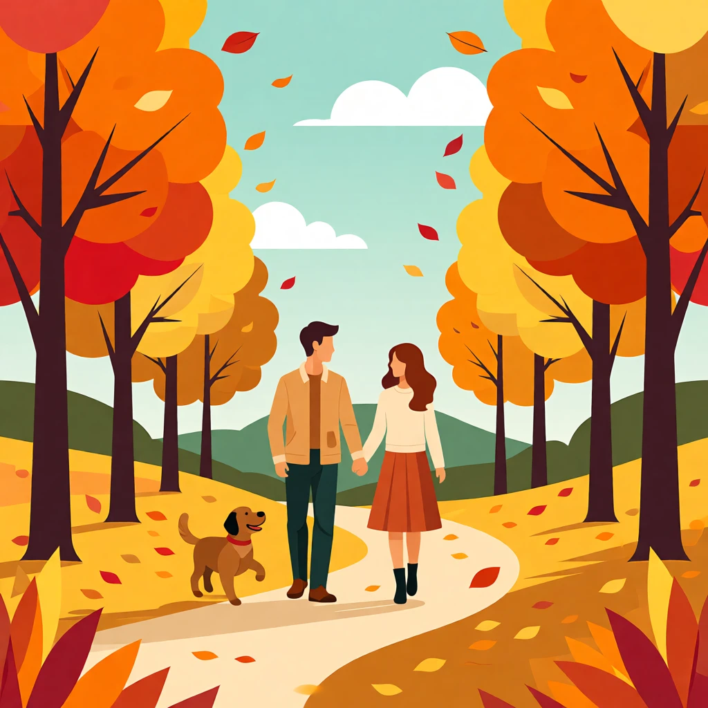 A couple walks hand in hand with their dog on a scenic autumn path lined with vibrant orange and yellow trees.