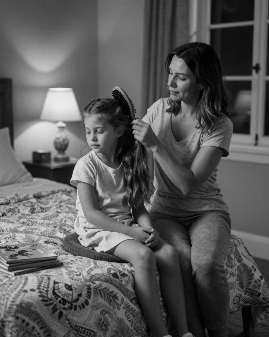A mother brushes her daughter's hair before bed in a warmly lit bedroom.