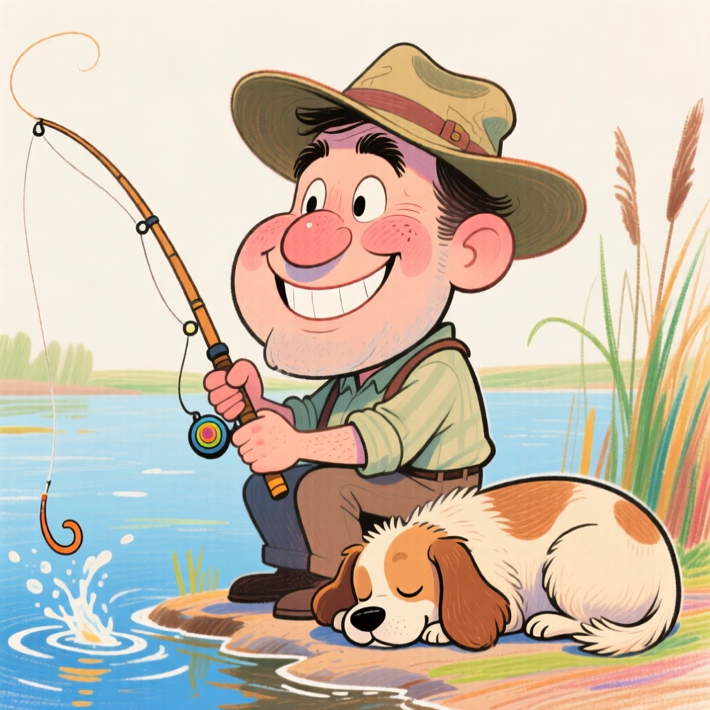 A man fishing peacefully with his loyal dog curled up asleep beside him.