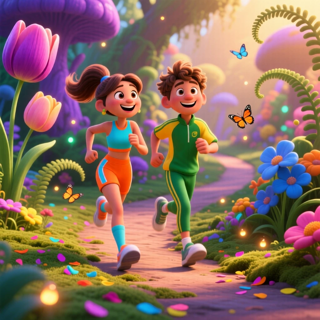 Colorful illustration of two people jogging through a vibrant landscape with stylized plants and flowers.