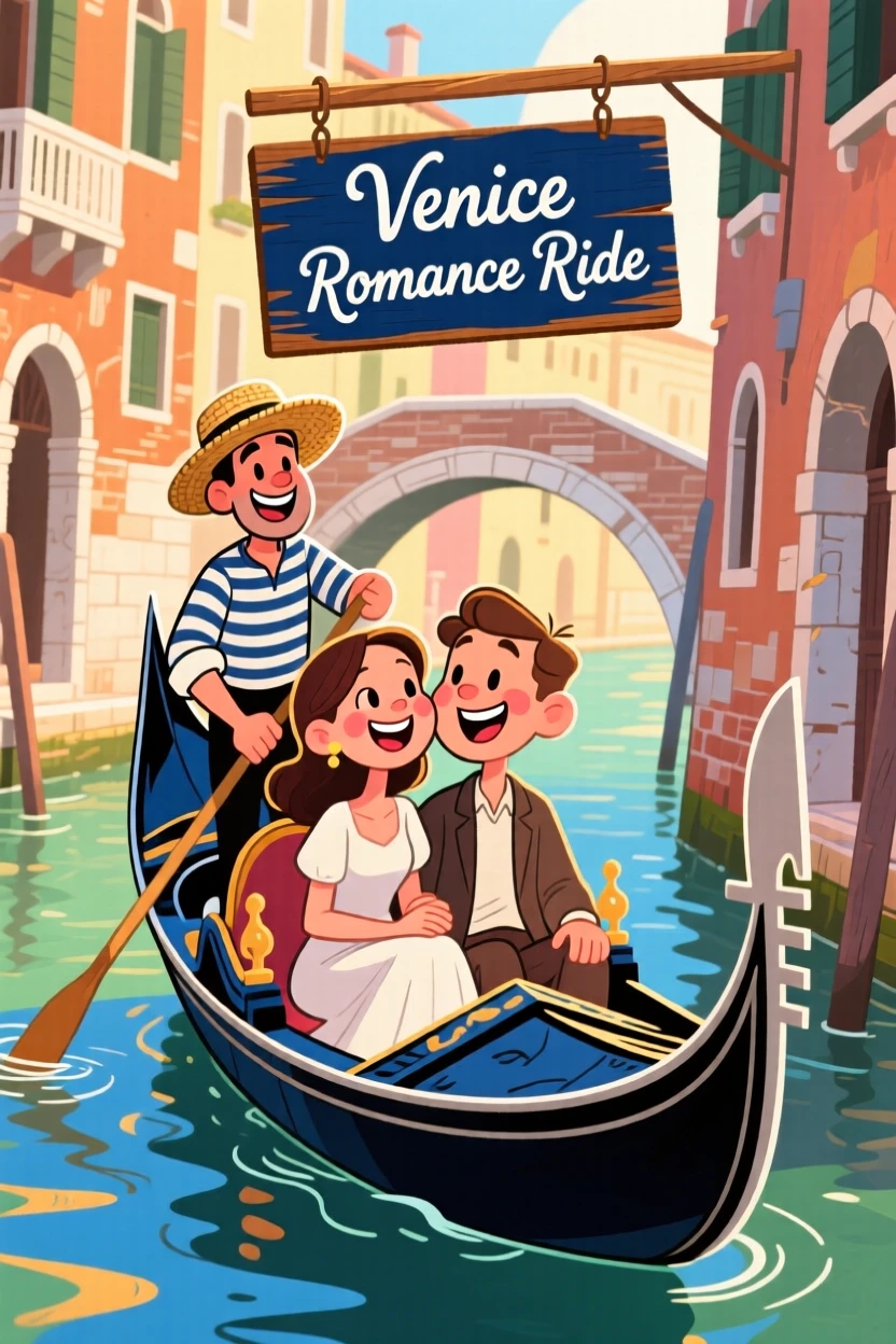 An iconic travel scene featuring a honeymooning couple riding a gondola through the canals of Venice, as the golden afternoon light glows around them.