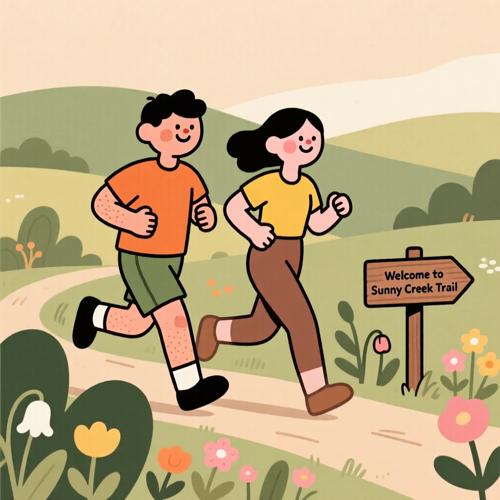 Colorful illustration of two people jogging through a vibrant landscape with stylized plants and flowers.
