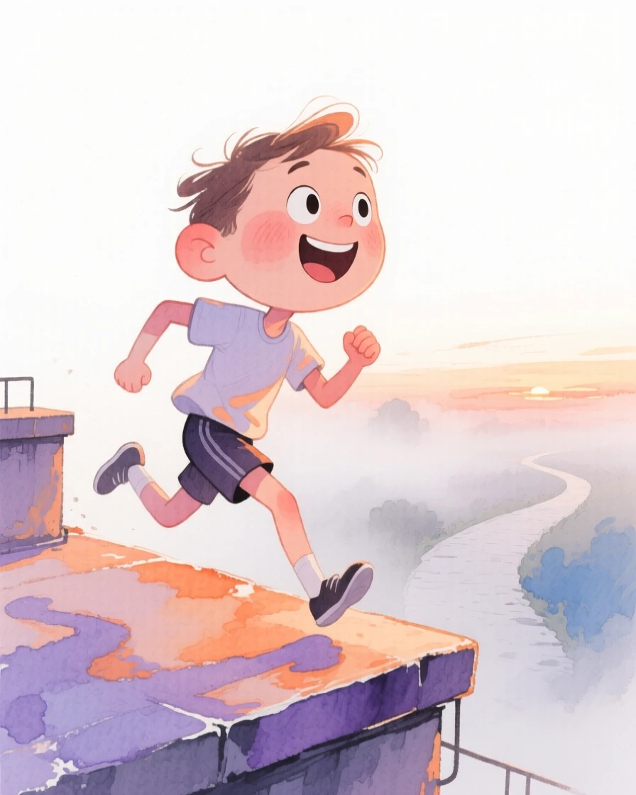 A runner on a misty trail playing passionately on a rooftop at dusk