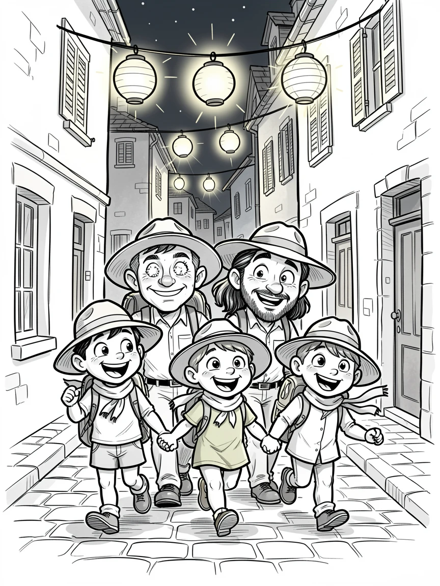 [Travel & Cultural Experiences] Vivid travel scene of an adventurous family of explorers wandering through a lantern-lit old town, full of wonder and adventure
