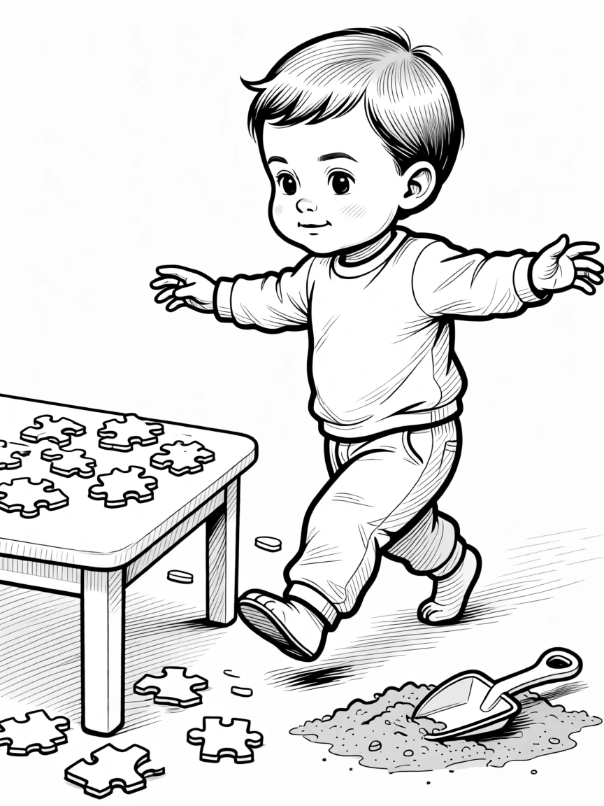 A toddler taking his very first wobbly steps, wobbling forward with arms out for balance, set at a table scattered with puzzle pieces. A plastic shovel lies abandoned in the sand. It feels like a cherished memory frozen in time.