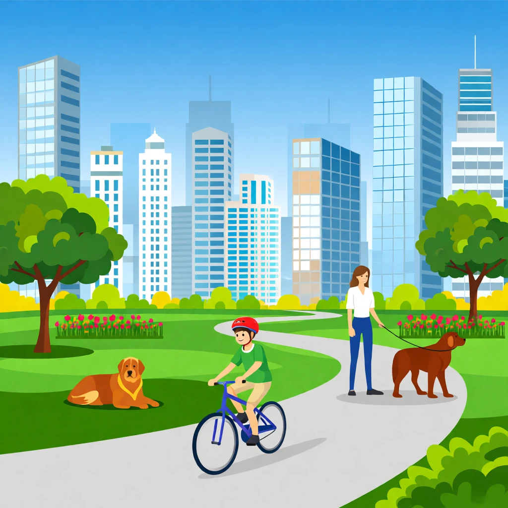 A peaceful park scene with a boy cycling, a woman walking a dog, and a large dog resting, set against a backdrop of skyscrapers.