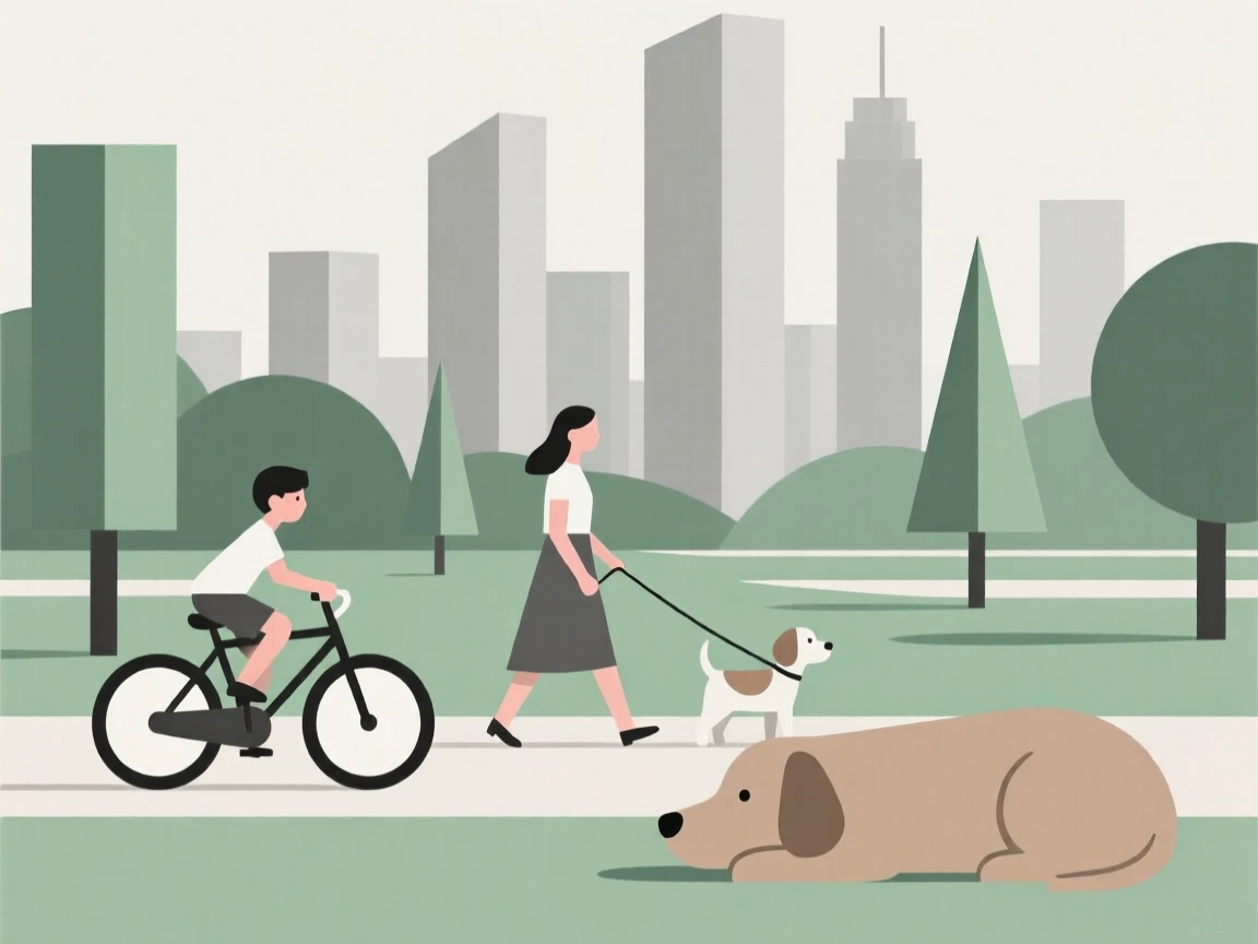 A peaceful park scene with a boy cycling, a woman walking a dog, and a large dog resting, set against a backdrop of skyscrapers.