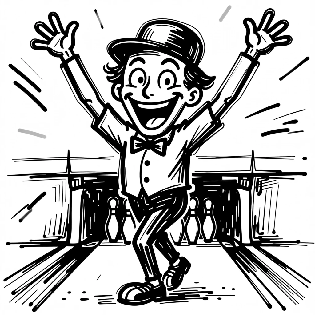 A bowler celebrating a perfect strike, arms raised at the end of the lane.