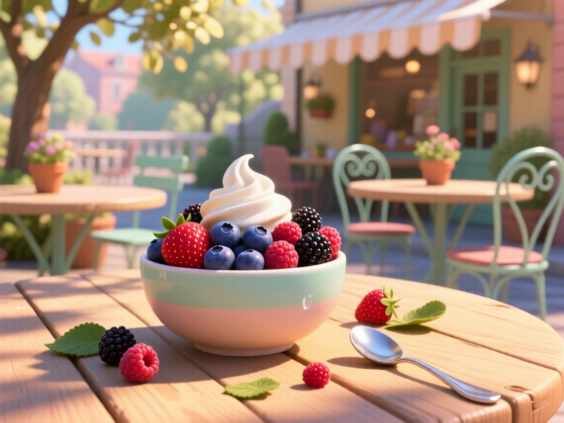 A bowl of fresh mixed berries with cream sits at a sunny outdoor cafe table, with sunlight catching the glossy glaze. The setting feels relaxed and satisfying.