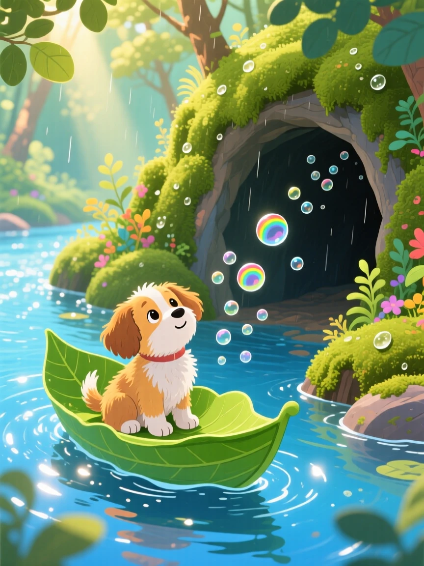 A bouncy puppy pauses from riding a leaf boat down a stream to look up in the mouth of a mossy cave, as tiny bubbles float upward.