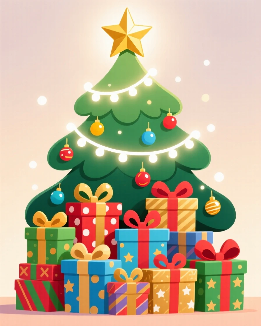 A stack of wrapped gifts beneath a softly glowing tree.