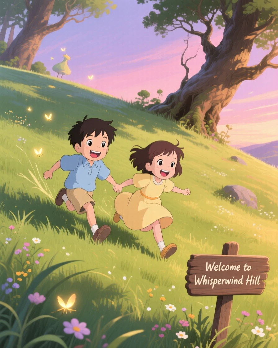 Siblings rolling down a grassy hill together, laughing, the moment bright with youthful wonder.