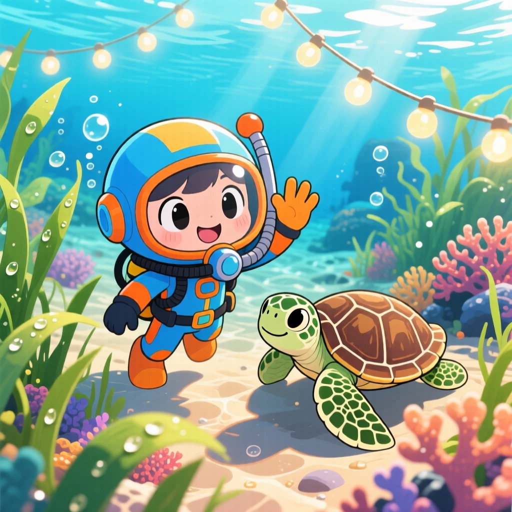 High aerial view of a small diver, waving at a friendly sea turtle, in a sunlit tropical seabed, as morning dew glistens on the grass, illuminated by glowing string lights, radiating brave confidence.