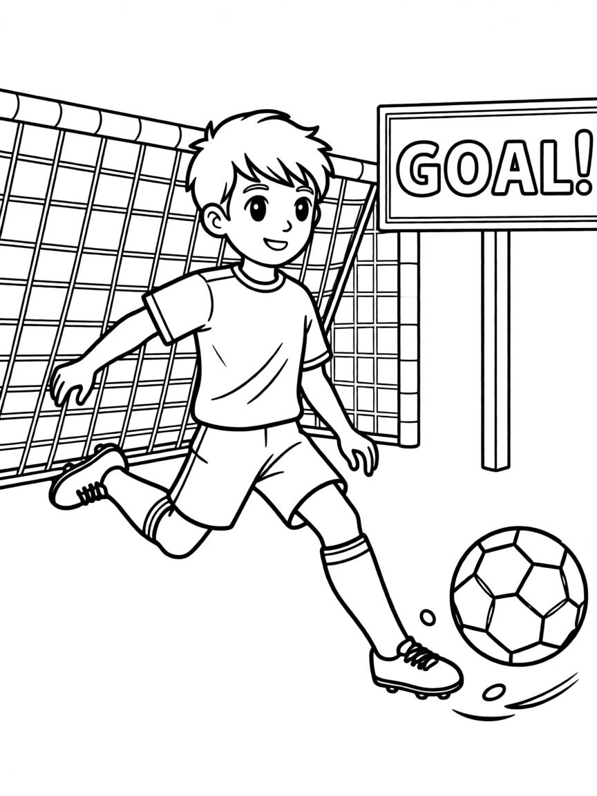 A young soccer player kicking the winning goal