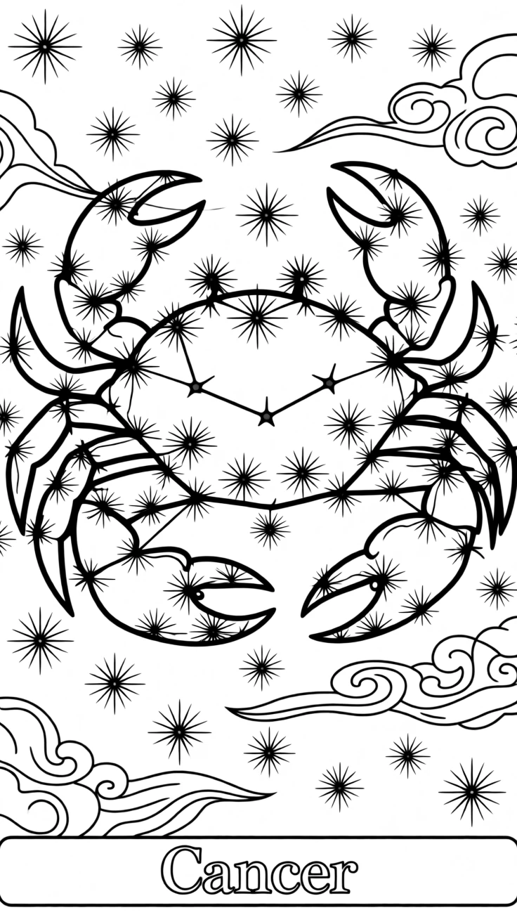 A zodiac constellation illustration of Cancer the crab, formed from connected stars against a night sky filled with smaller stars and swirling nebula clouds.
