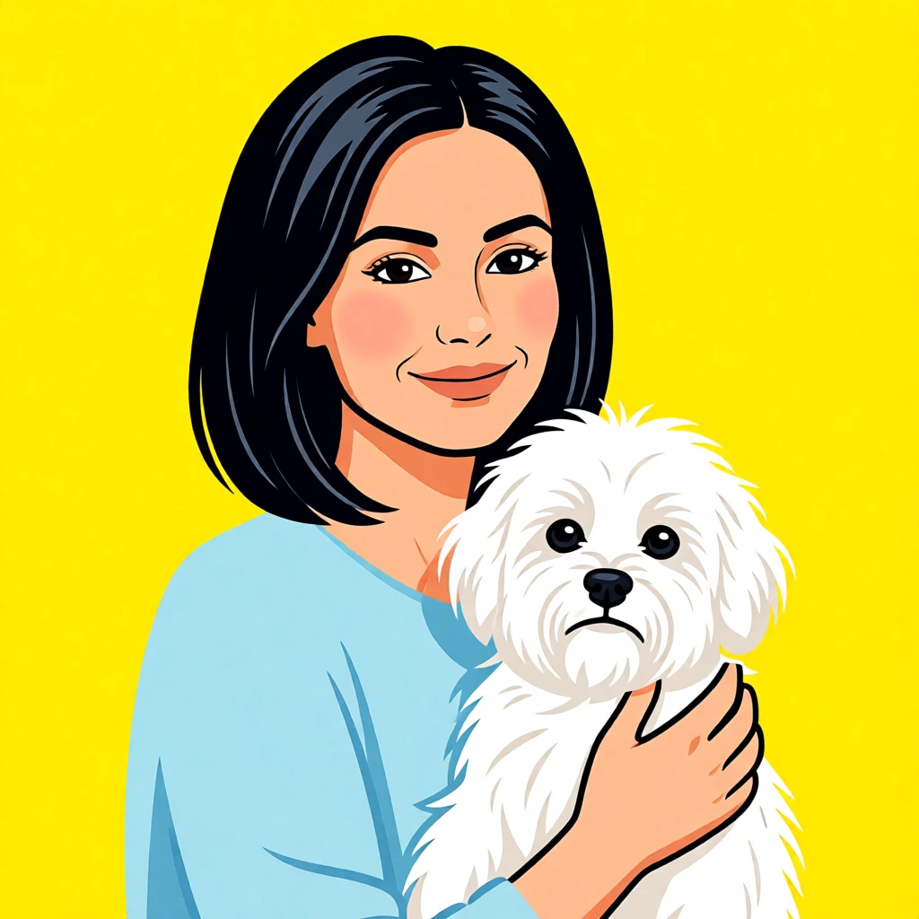 Illustration of a woman with black hair holding a fluffy white dog against a bright yellow background.