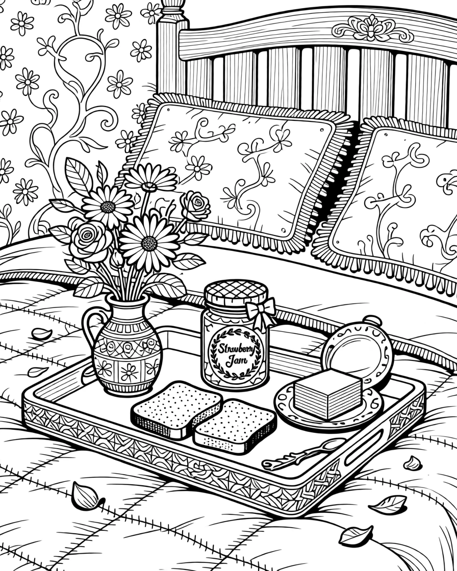 A cozy breakfast-in-bed scene with a tray of toast, jam, and flowers.