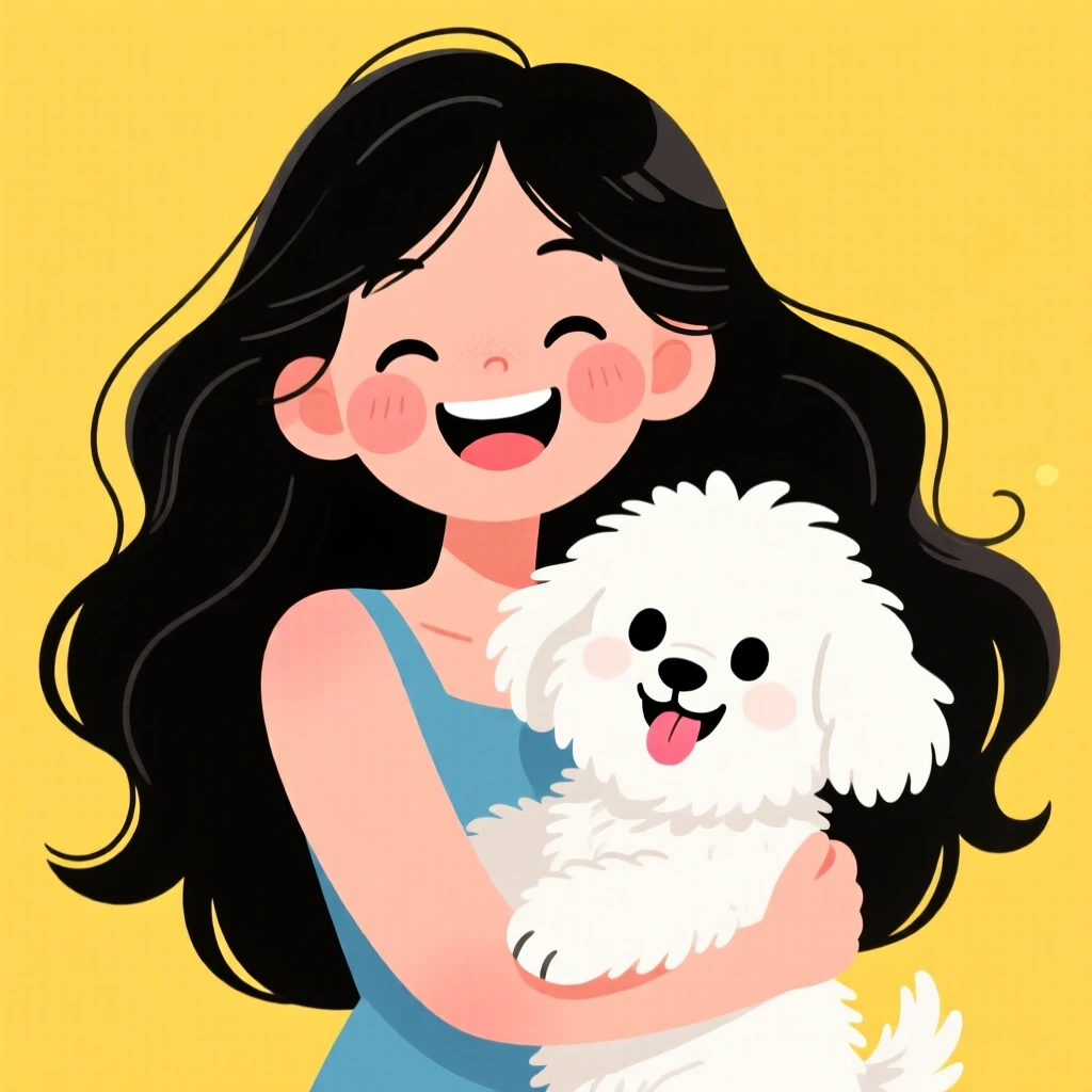 Illustration of a woman with black hair holding a fluffy white dog against a bright yellow background.