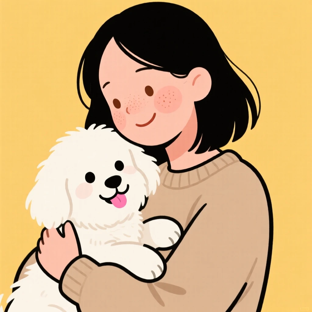 Illustration of a woman with black hair holding a fluffy white dog against a bright yellow background.